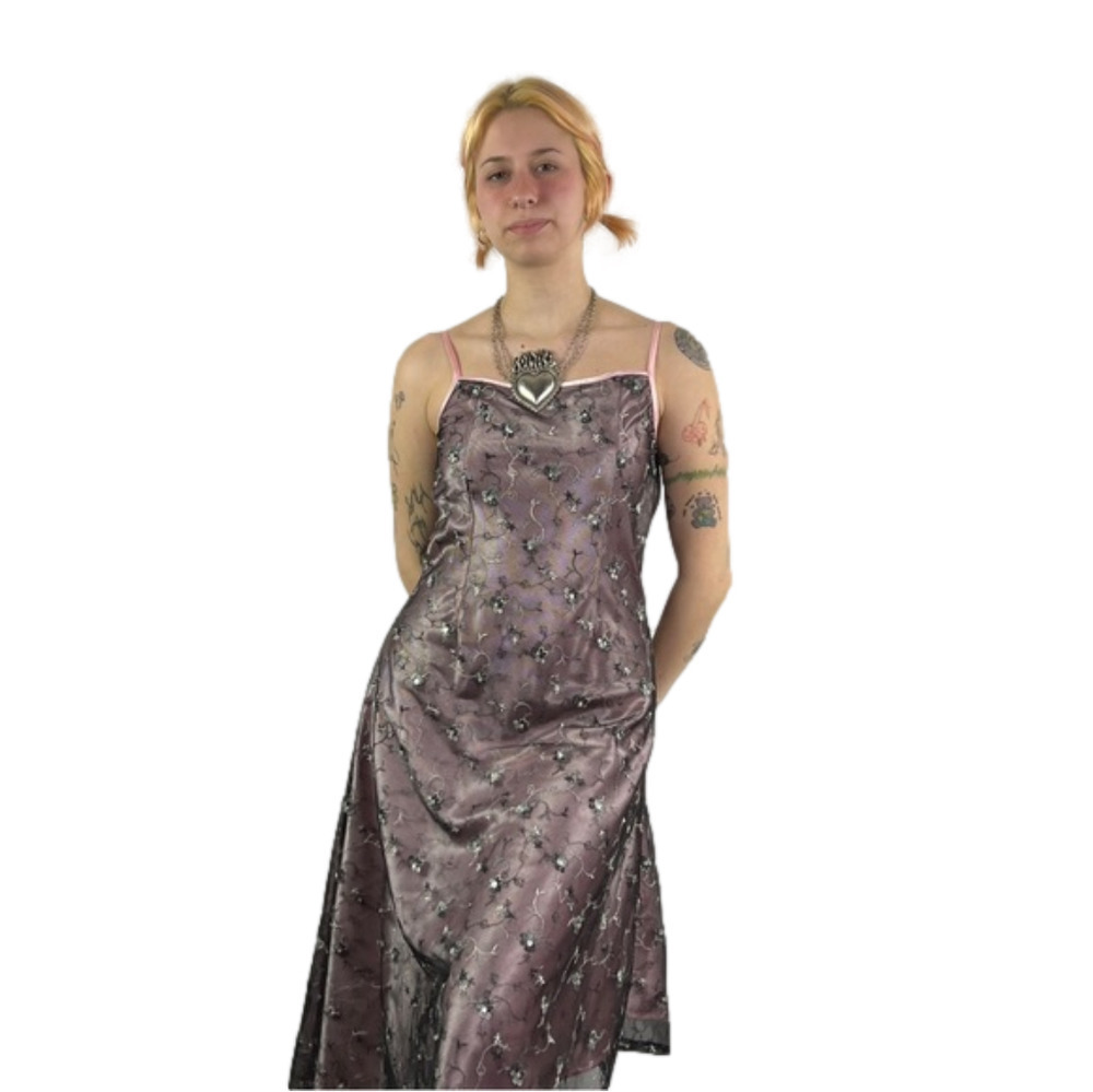 Beautiful Pink Gown with Black Mesh,  Pink Floral Appliques and Asymmetrical Hem